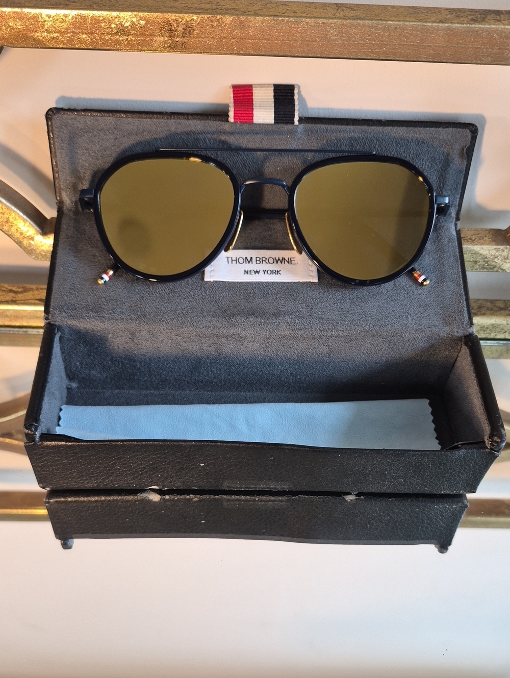 Thom Browne Titanium & 18-karat Laminated Gold Round Sunglasses, Navy & Gold.